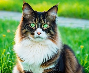 Naklejka na ściany i meble Portrait of a fluffy tricolor cat with green eyes in nature