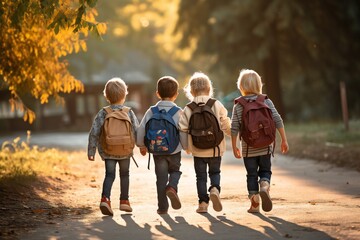 Obraz premium group of young children walking together in friendship, embodying the back-to-school concept on their first day of school