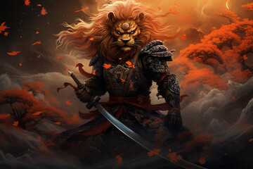 samurai style illustration, a lion warrior