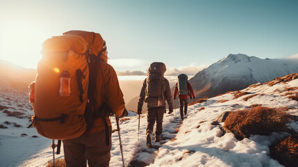 Rear view of three men in a row equipped with clothing and backpacks for a high mountain trek, walking on a snowy trail. Adventure sports concept - obrazy, fototapety, plakaty
