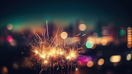 Glittering burning sparkler with multicolor defocused night city background, bokeh lights. - obrazy, fototapety, plakaty