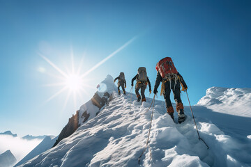 Rear view of three roped climbers in a row reaching the top of a snowy mountain at sunrise....