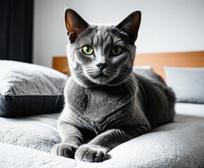 Scottish straight gray cat on a bed.