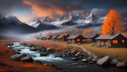 photo of a view of a wooden cabin in autumn with snowy mountains in the background made by AI generative - obrazy, fototapety, plakaty
