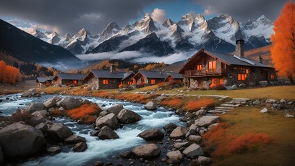 photo of wooden cottage landscape in autumn against the background of snowy mountains made by AI generative - obrazy, fototapety, plakaty