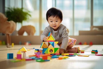 A lifestyle photograph of a young asian toddler playing with colorful wooden block toys