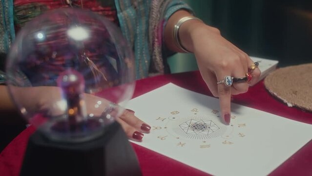 Cropped shot of unrecognizable woman reading natal chart of client while sitting at desk with crystal ball