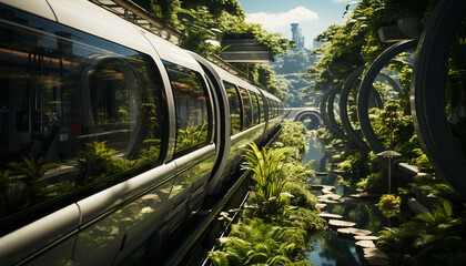City life in motion Modern transportation blends with urban architecture generated by AI