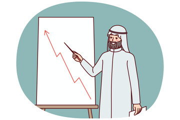 Arabic man make presentation of flipchart. Arab businessman present project on whiteboard. International company business. Vector illustration.
