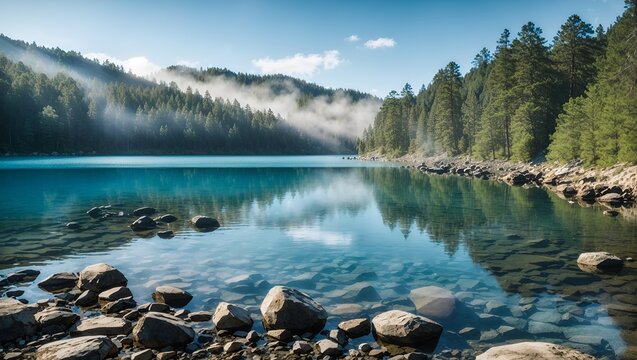 photo of a lake view with beautiful clear blue water in the middle of the forest made by AI generative