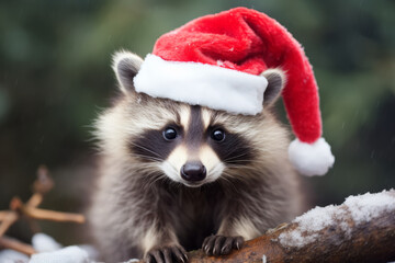Fototapeta na wymiar A cute festive raccoon wearing a Christmas santa hat. Holiday animal portrait