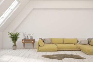 White living room with sofa. Scandinavian interior design. 3D illustration