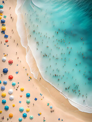 Top view of sandy beach with peoples.