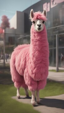 Pink llama with a fuzzy hairdo, positive energy