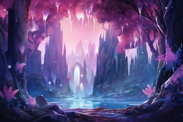 Harmonious waterfalls of glowing crystals, cascading with soothing melodies - Generative AI