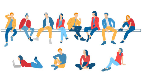 Men, women and teenagers sitting on a bench, different colors, cartoon character, group  silhouettes of business people, students, design concept of flat icon, isolated on white background