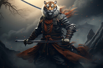 samurai style illustration, a tiger warrior
