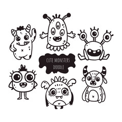 Fototapeta premium set of cute cartoon monsters in doodle style. Funny characters on white background. Icon monster. 