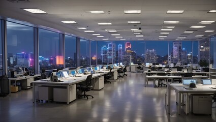 photo of a view of an office space with lots of windows with an urban building in the background made by AI generative

 - obrazy, fototapety, plakaty