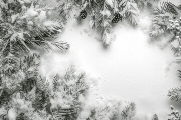 Christmas winter white background with snow covered fir branches with cones. Top view. Copy space.