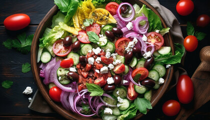 Fresh, healthy salad with organic vegetables and homemade bread appetizer generated by AI