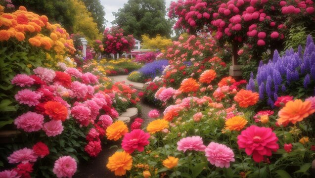 landscape photos of garden photos with lots of beautiful colorful flowers, made by AI generative