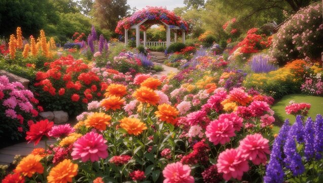 landscape photos of garden photos with lots of beautiful colorful flowers, made by AI generative