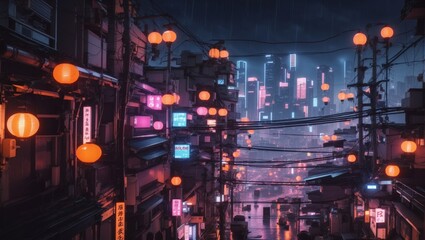 photo of future asian urban landscape with lots of wires and colorful lights made by AI generative