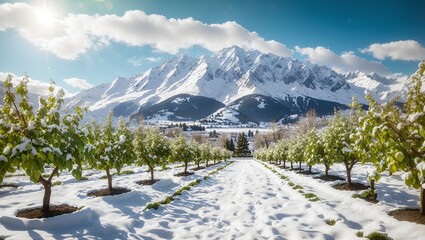 photo of plantation views during winter with beautiful snowy mountains in the background made by AI...