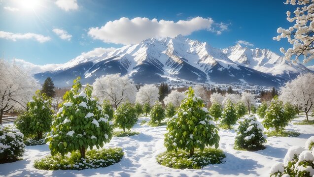 photo of plantation views during winter with beautiful snowy mountains in the background made by AI generative