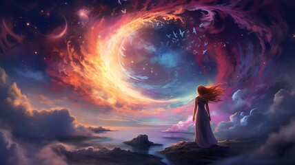 Crescent moon sky galaxy angel beautiful painting picture Ai generated art
