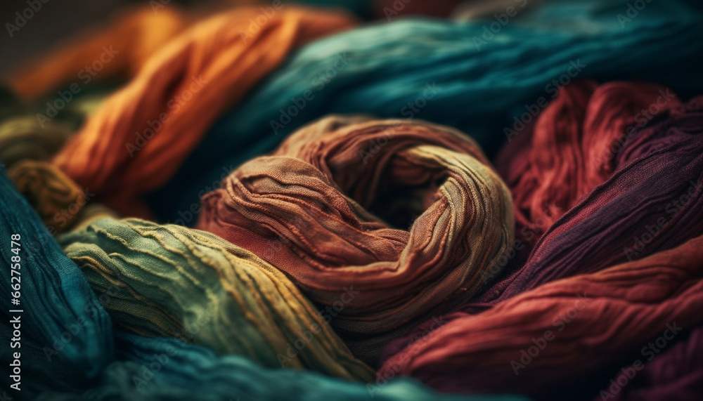 Poster soft, fluffy ball of wool in multi colored pattern for knitting generated by ai