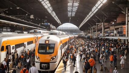 photo of a view of a train station during busy rush hour made by AI generative - Powered by Adobe