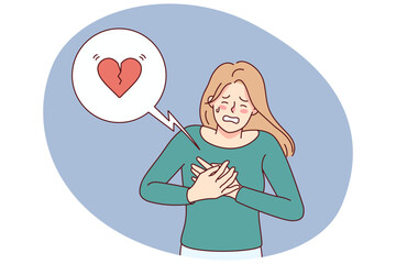 Unhealthy woman suffer from pain in heart. Unwell female struggle with heart attack. Healthcare and medicine. Vector illustration.