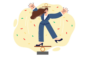 Business woman balances and demonstrates acrobatic circus tricks as metaphor for harmony in career