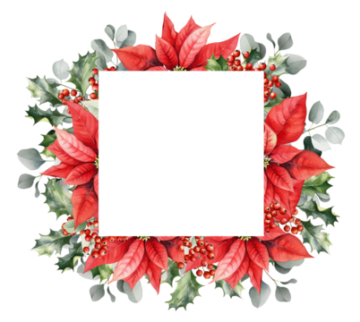 Christmas watercolor square floral frame. Winter border for greeting card, invitation. Botanical illustration isolated on background. Poinsettia flower, eucalyptus, fir tree branches, holly berries