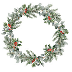 Elegant Christmas floral wreath, garland. Winter watercolor composition for greeting card, invitation. Botanical illustration isolated on background. Eucalyptus, fir tree branches, holly berries.