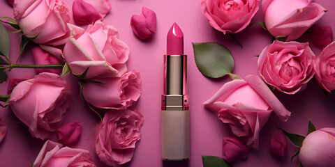 Obraz na płótnie Canvas Pink lipstick around pink flowers with pink background 