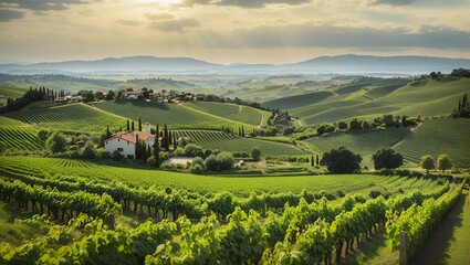 photo of a vineyard view with a beautiful scenic background made by AI generative  