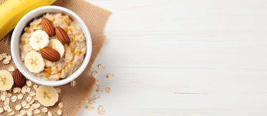 An overhead shot of a bowl filled with oatmeal bananas nuts and peanut butter With copyspace for text - obrazy, fototapety, plakaty