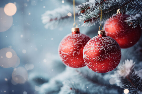 Christmas background with red balls and snowflakes on spruce branches. AI generated