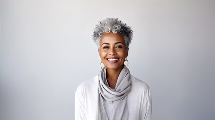 Portrait of beautiful african american woman with grey hair smiling and looking at camera. AI generated - obrazy, fototapety, plakaty