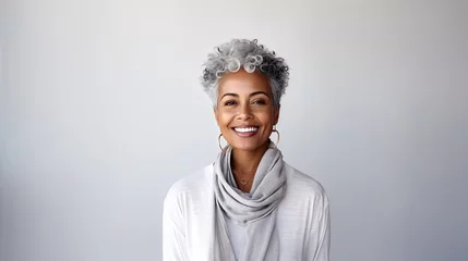 Fotobehang Portrait of beautiful african american woman with grey hair smiling and looking at camera. AI generated © k_e_n