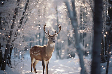 Beautiful deer in winter forest. Deer in winter forest with snow. AI generated