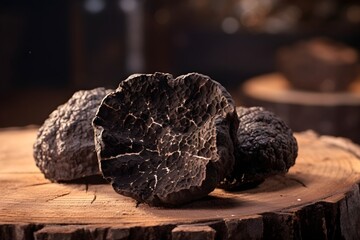 Black Truffle mushroom, close up shot, showing the quality and texture of the truffle - obrazy, fototapety, plakaty