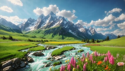 photo of the view on the vast green grass with beautiful rivers and flowers with a mountain background made by AI generative