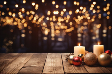 Wooden table with christmas balls and candles on bokeh background. AI generated