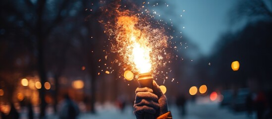 Guy outdoors in winter holding dangerous firecracker for New Year s hooliganism - obrazy, fototapety, plakaty