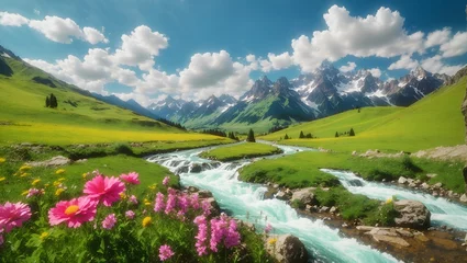 Poster photo of the view on the vast green grass with beautiful rivers and flowers with a mountain background made by AI generative © M.Taufiq
