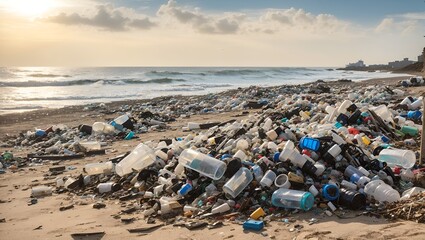 Fototapeta na wymiar photo of plastic waste piled up on the beach, made by AI generative